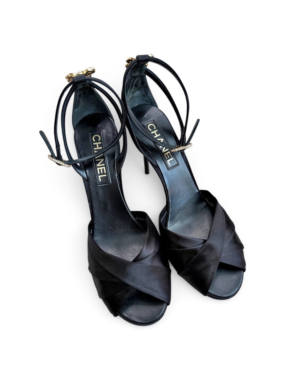 CHANEL Black Satin Crisscross Open-Toe Ankle-Strap Heels with Gold Hardware